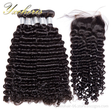 Deep Wave Human Hair Weave Bundles 100% Virgin Brazilian Hair Extension Deep Wave Hair with Lace Front Closure